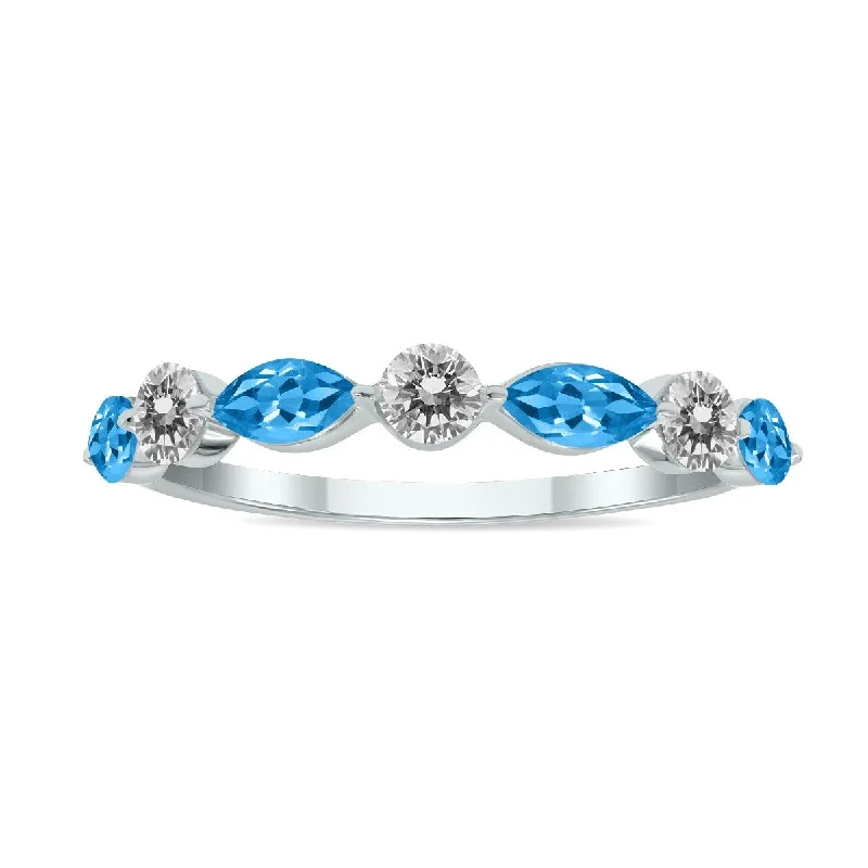 Marquee Jewels 3/4 CTW Marquise Shape Blue Topaz and Diamond Wedding Band in 10K White Gold