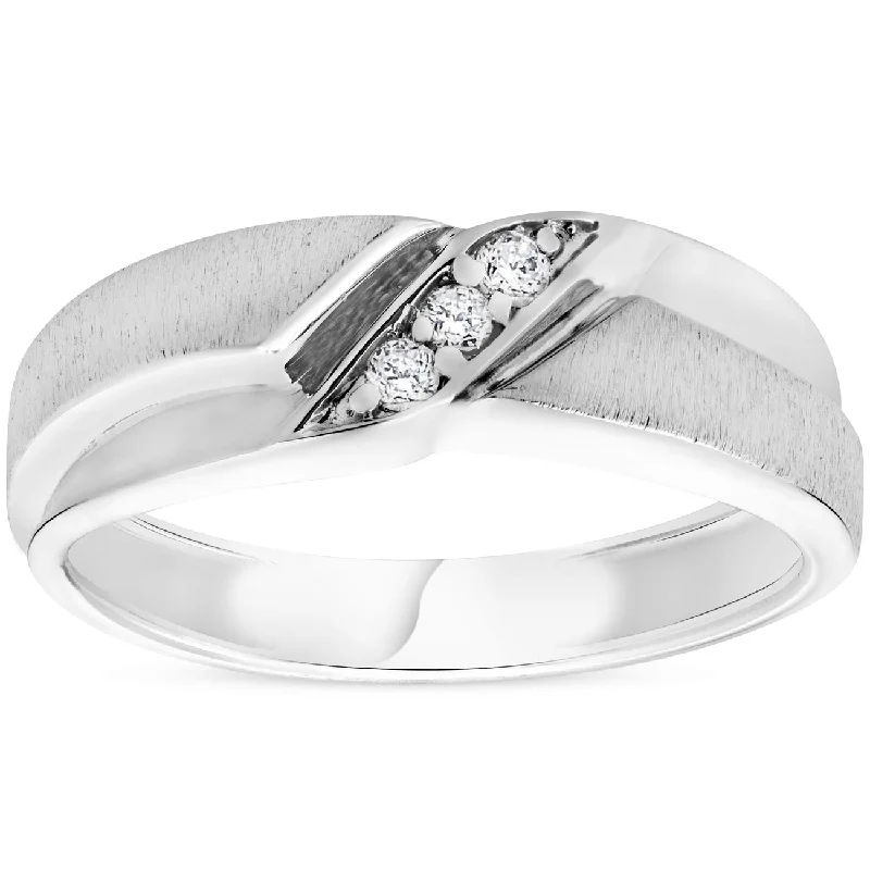 Mens 1/10ct White Gold Diamond Ring Contour Brushed Three Stone Wedding Band