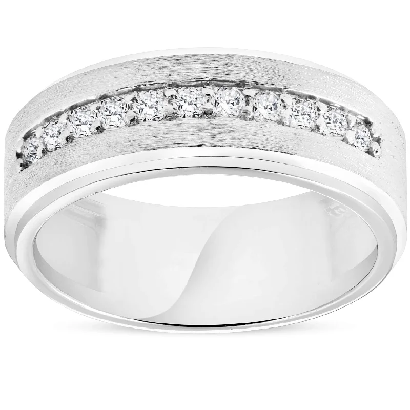 Mens 3/8ct White Gold Diamond 10k Brushed Wedding 8MM Anniversary Band