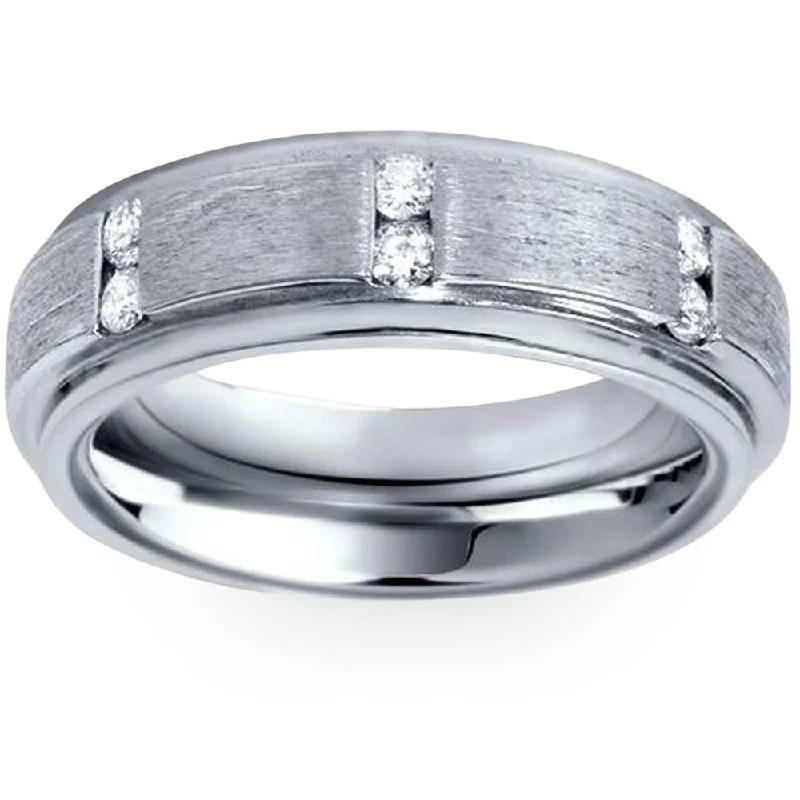 Mens Brushed Wedding Diamond 14K White Gold Ring