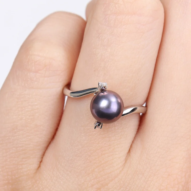 Miadora 7-7.5mm Black Cultured Freshwater Pearl White Topaz Bypass Ring Sterling Silver