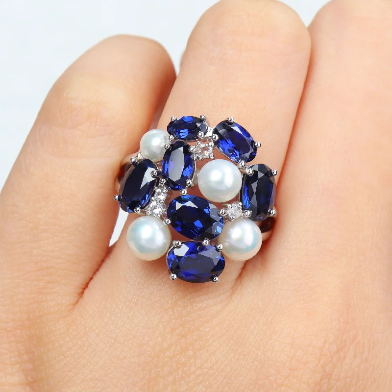 Miadora 7ct TGW Created Blue White Sapphire Cultured Freshwater Pearls Ring Sterling Silver