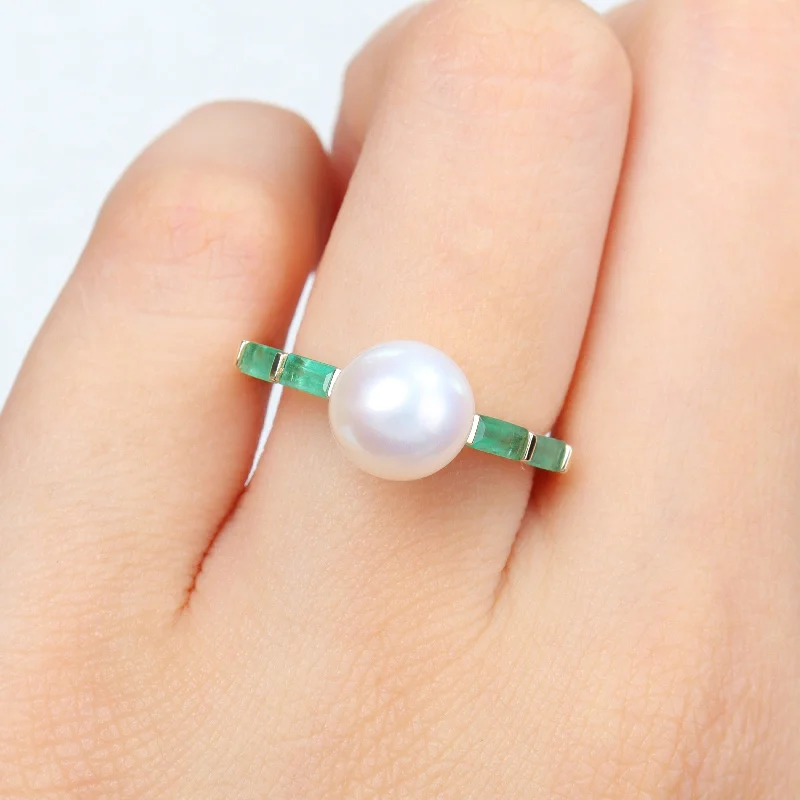 Miadora 8mm Cultured Freshwater Pearl 1/2ct TGW Baguette Emerald Ring 10k Yellow Gold