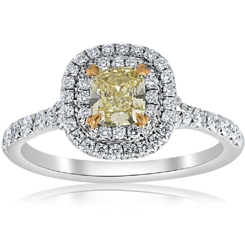 Platinum & 18K Yellow Gold Tiffany 1 ct TDW Fancy Canary Yellow Cushion Diamond Double Halo Engagement Ring Sz 5 (F, VS)