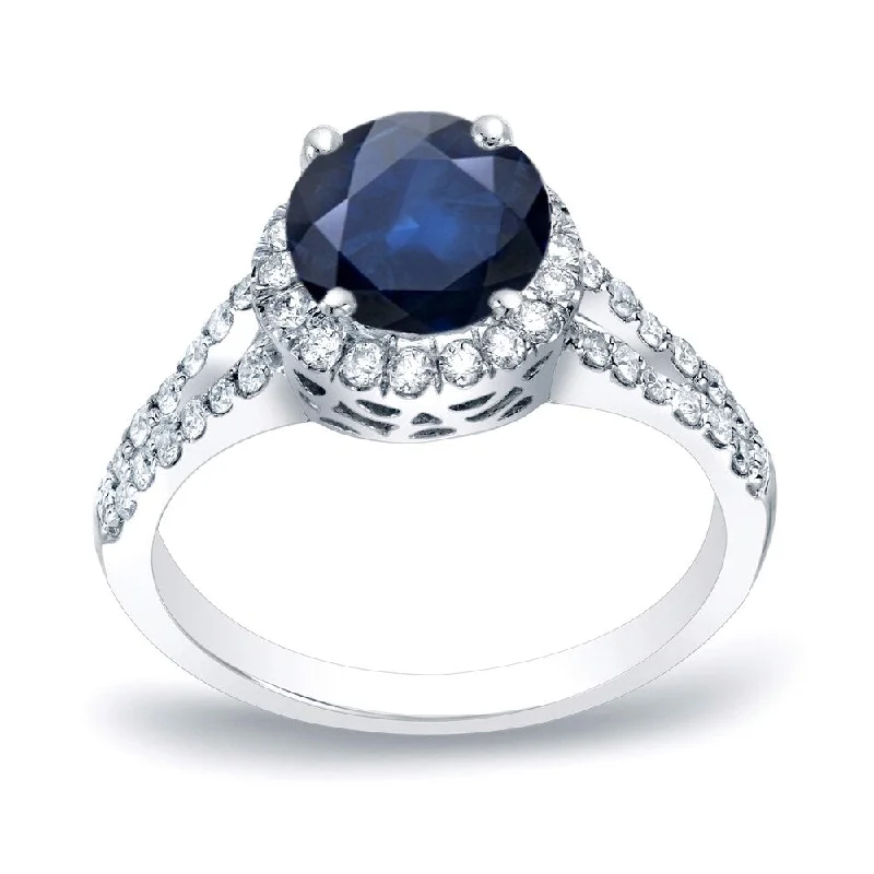 Platinum Round 3/4ct Blue Sapphire and 1/2ct TDW Diamond Halo Engagement Ring by Auriya