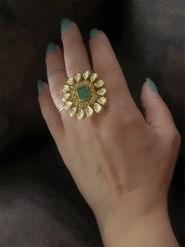 Rectangular stone antique gold finish kundan adjustable ring