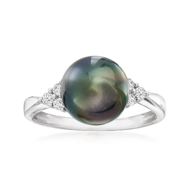 Ross-Simons 9-9.5mm Black Cultured Tahitian Pearl and . Diamond Ring in Sterling Silver