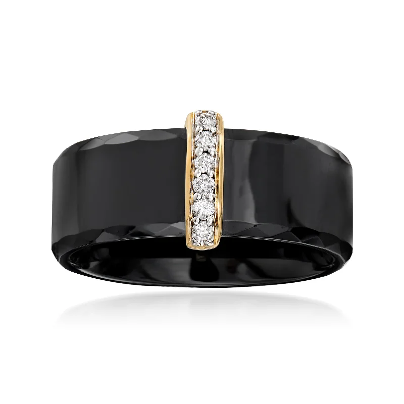 Ross-Simons Black Ceramic Ring With Diamond Bar in 14kt Yellow Gold