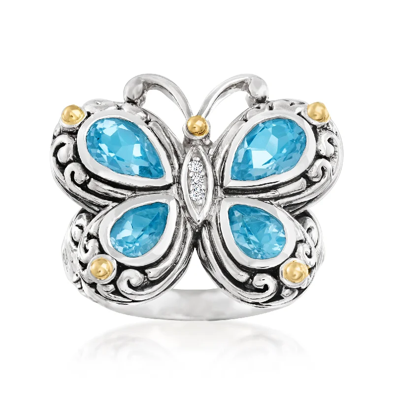 Ross-Simons Blue Topaz Bali-Style Butterfly Ring With White Topaz and 14kt Gold Accents in Sterling Silver