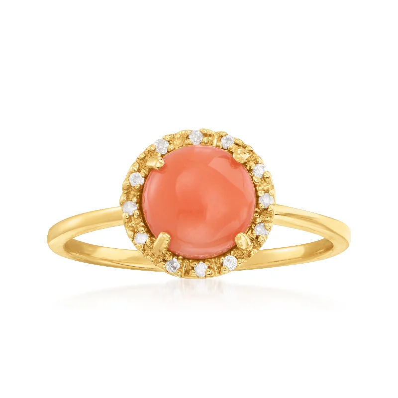 Ross-Simons Coral Ring With Diamond Accents in 14kt Yellow Gold