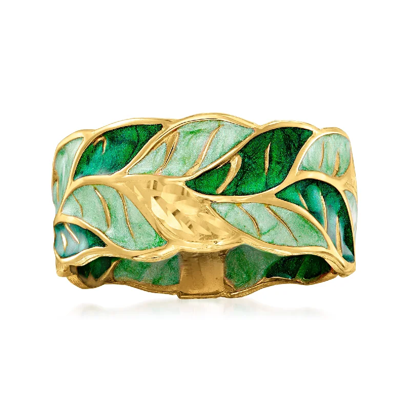 Ross-Simons Italian Green Enamel Leaf Ring in 14kt Yellow Gold