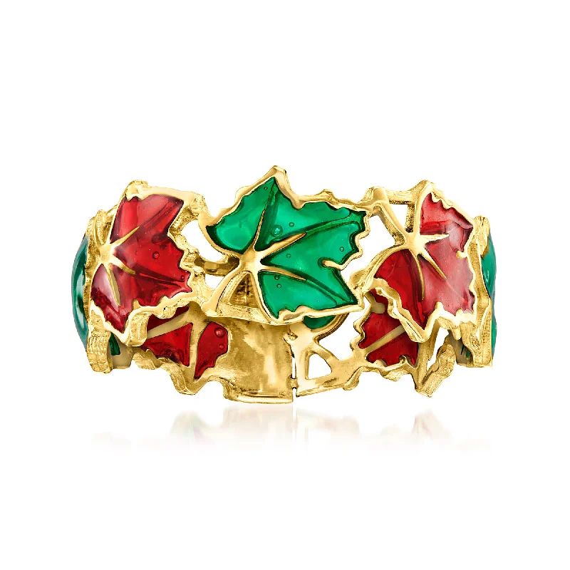 Ross-Simons Italian Red and Green Enamel Leaf Ring in 14kt Yellow Gold