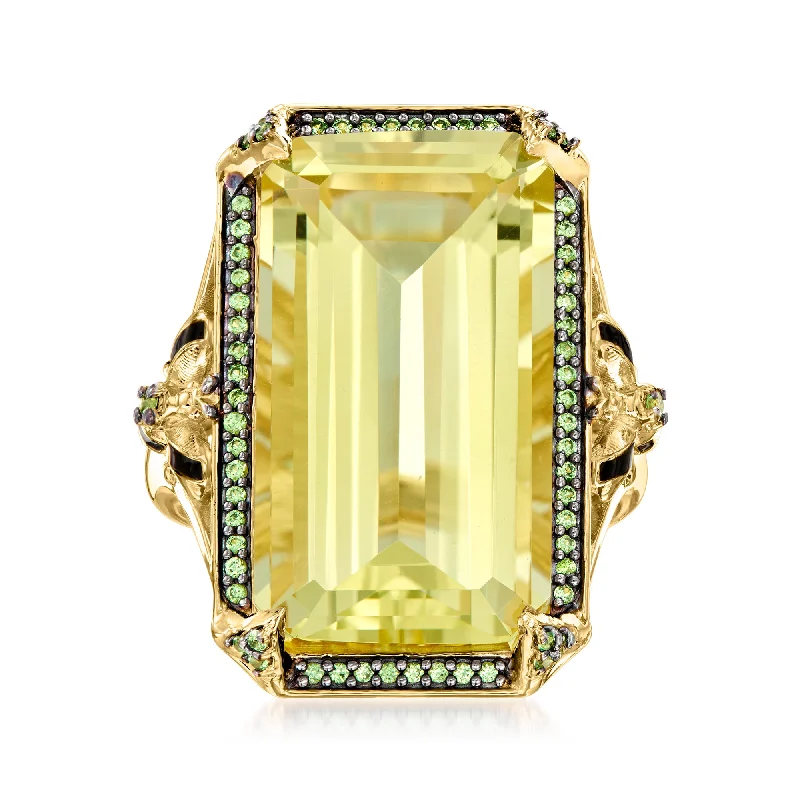 Ross-Simons Lemon Quartz and . Tsavorite Ring With Black Enamel in 18kt Gold Over Sterling