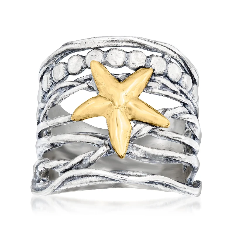 Ross-Simons Sterling Silver and 14kt Yellow Gold Multi-Row Starfish Ring