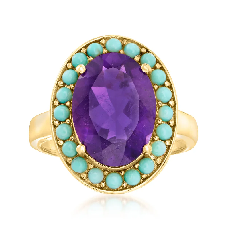 Ross-Simons Turquoise and Amethyst Halo Ring in 18kt Gold Over Sterling