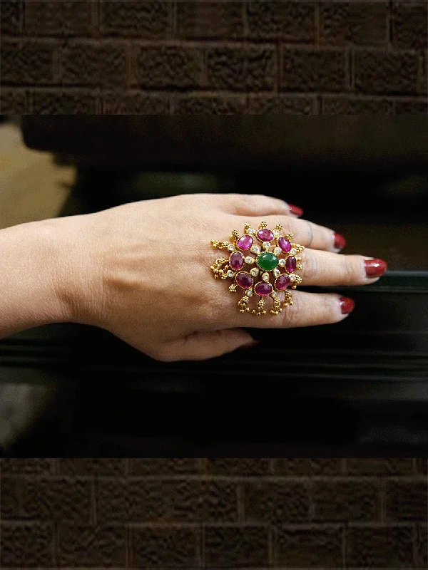 Ruby and green stone studded openable ring with ghunghru hangings