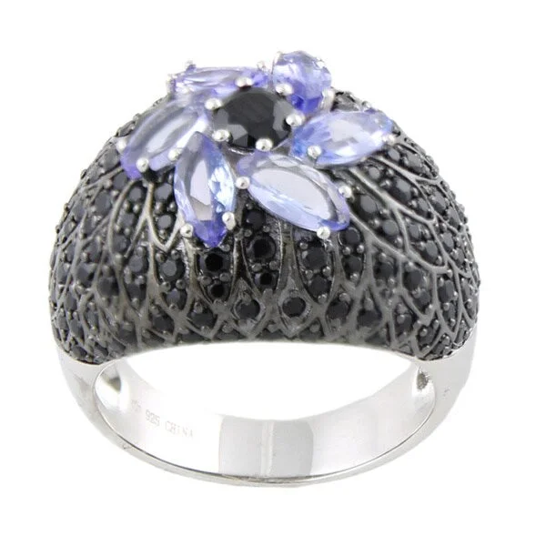 Sterling Silver 3 7/8ct Tanzanite and Black Spinel Flower Dome Ring