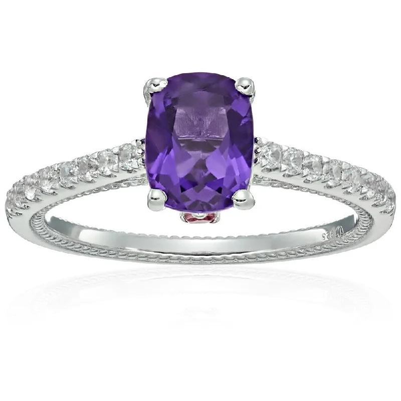 Sterling Silver Amethyst, Tourmaline, White Zircon Engagement Ring - Purple