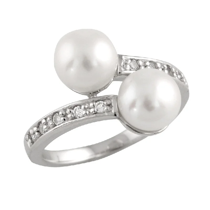 Sterling Silver Fancy Double Pearl and Cubic Zirconia Ring (7-8mm)