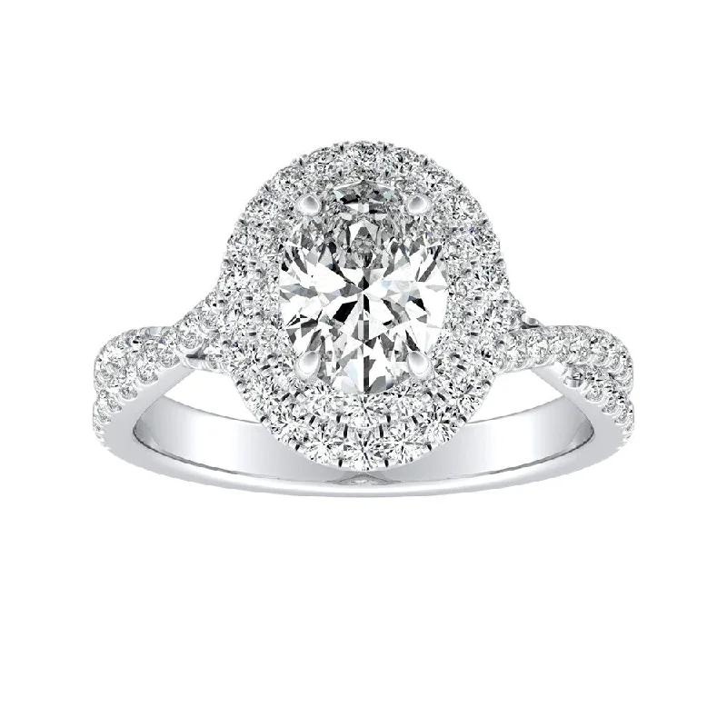 Twisted Oval Shape 1 1/2ctw Double Halo Diamond Engagement Ring 14k Gold by Auriya (H-I, SI1-SI2)