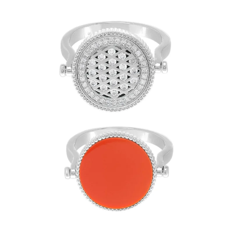 Victoria Townsend Fine Silver Plated Coral & Cubic Zirconia Flip Ring.