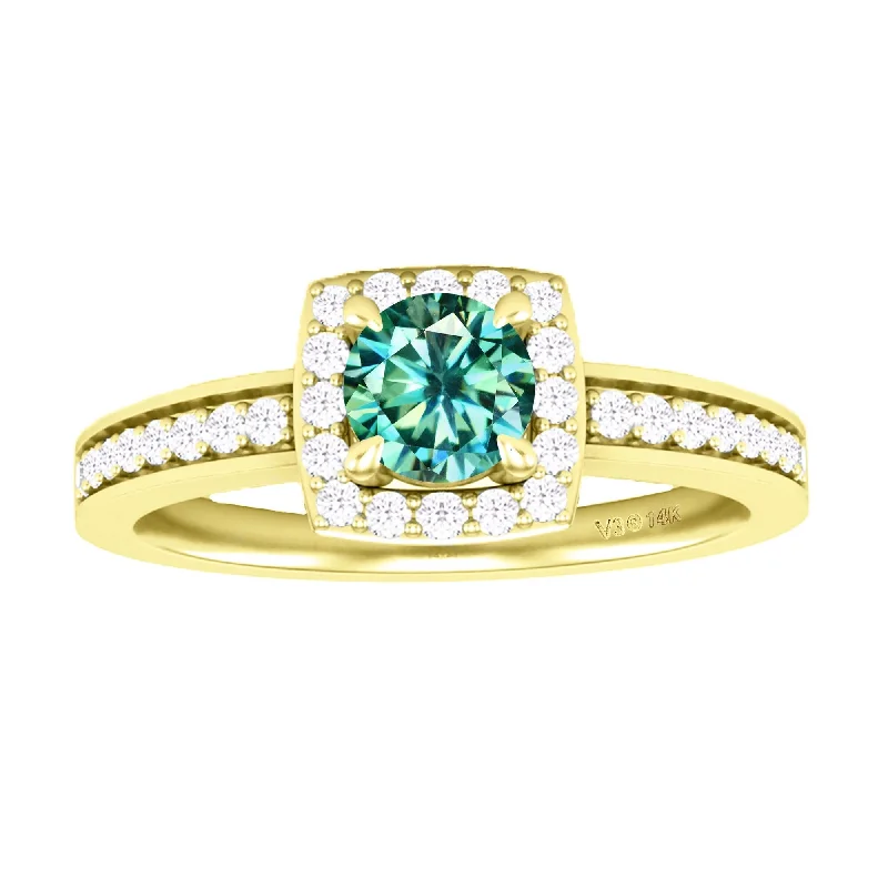 Yellow Gold with Green Moissanite and White Diamond Halo Ring