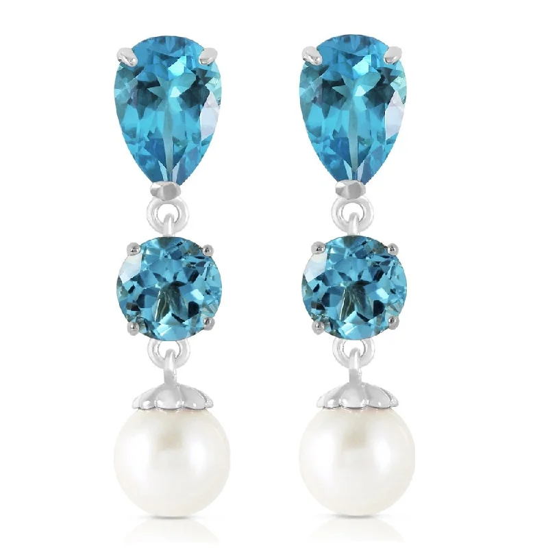 10.5 Carat 14K Solid White Gold Burning Up Blue Topaz pearl Earrings