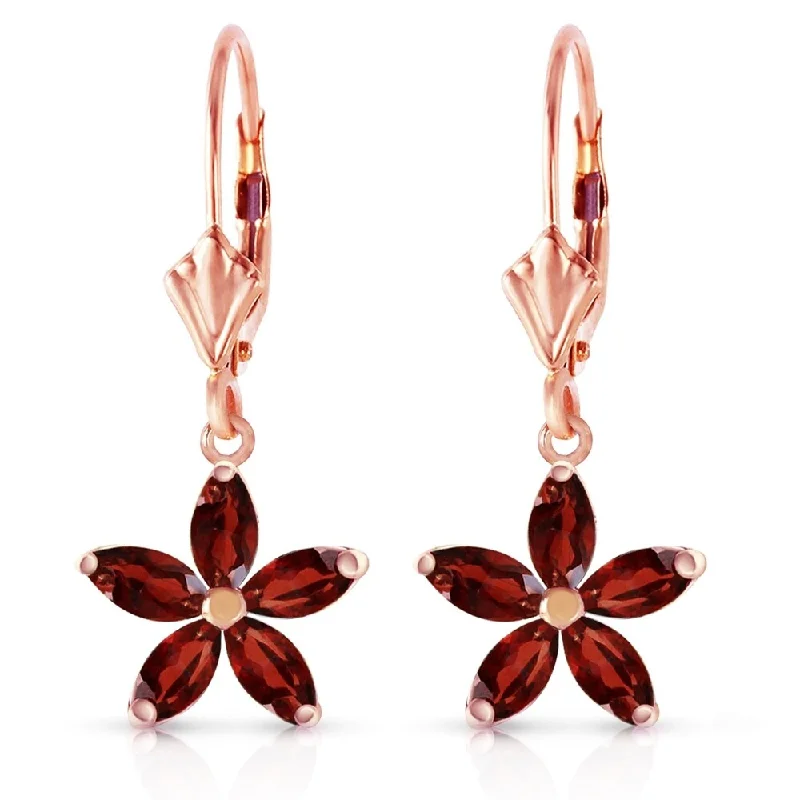 14K Solid Rose Gold Leverback Earrings with Natural Garnet