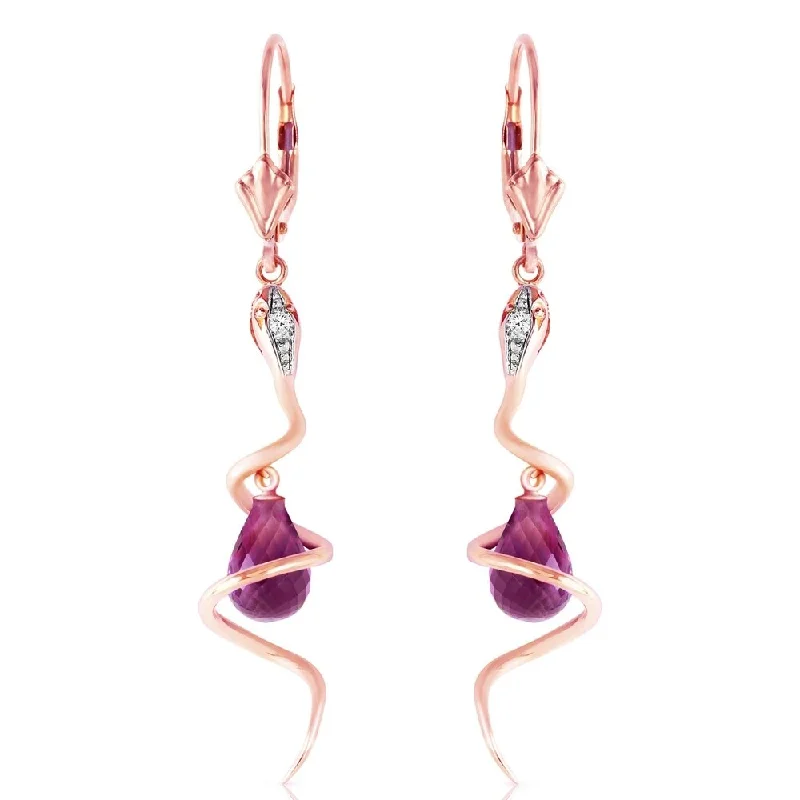 14K Solid Rose Gold Snake Earrings with Dangling Briolette Amethysts & Diamonds