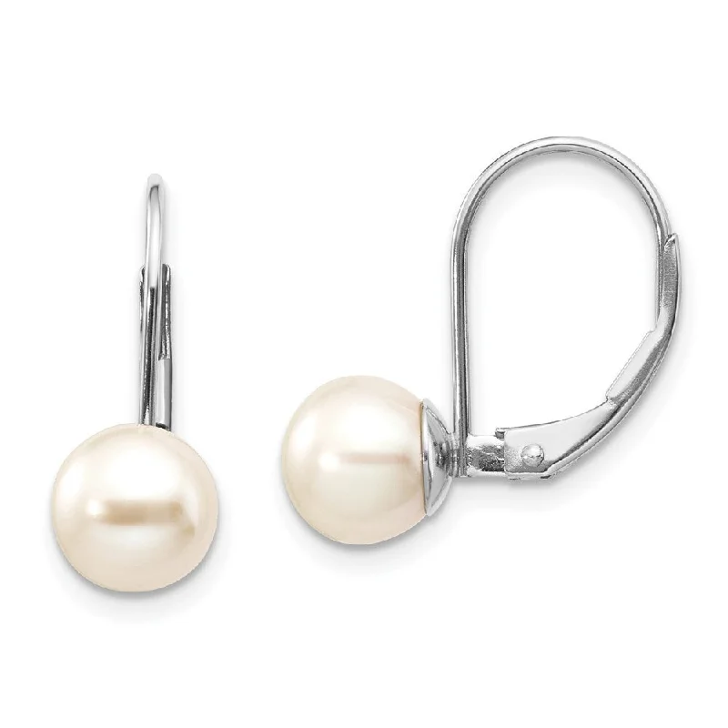 14k White Gold Pearl Earrings w/ Leverback (L-18 mm, W-7 mm)