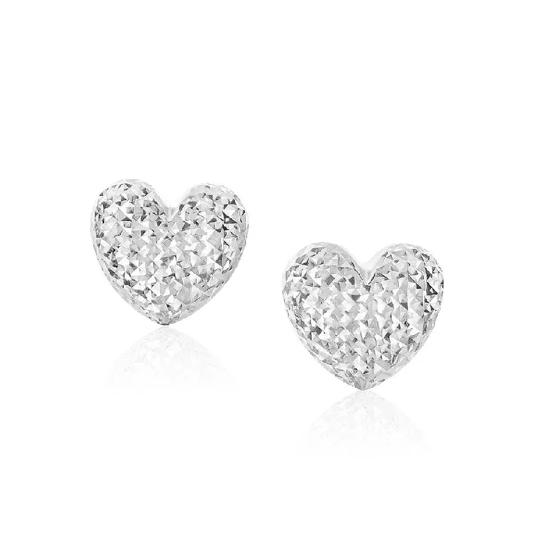 14k White Gold Puffed Heart Earrings with Diamond Cuts