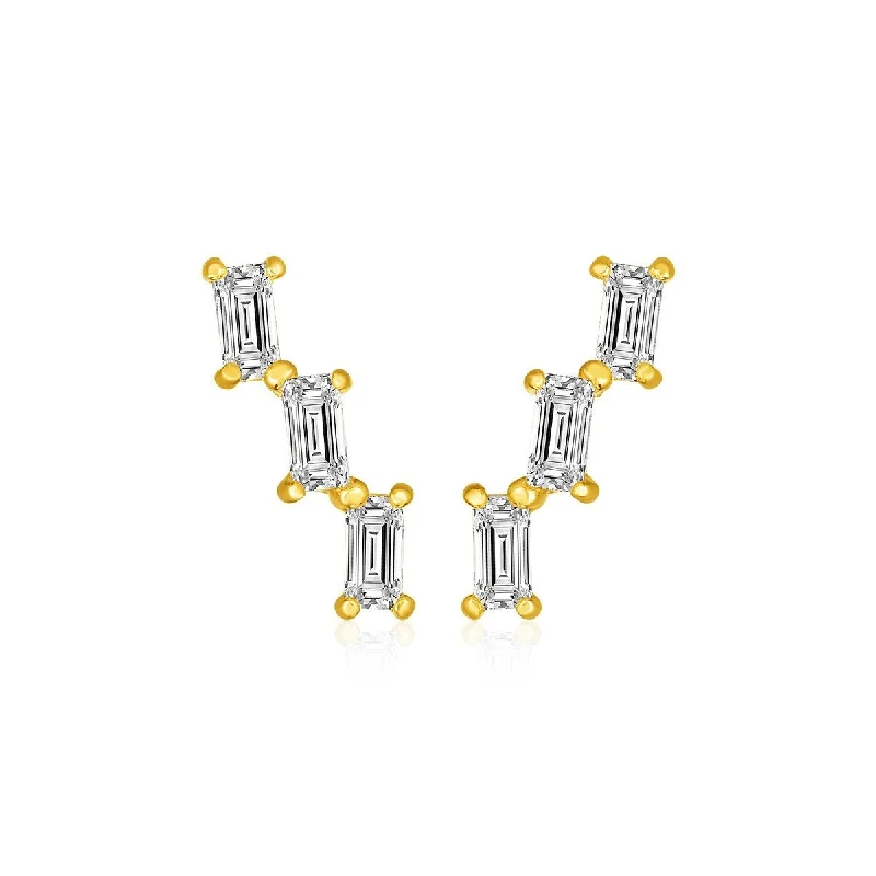 14k Yellow Gold Climber Post Earrings with Baguette Cubic Zirconias