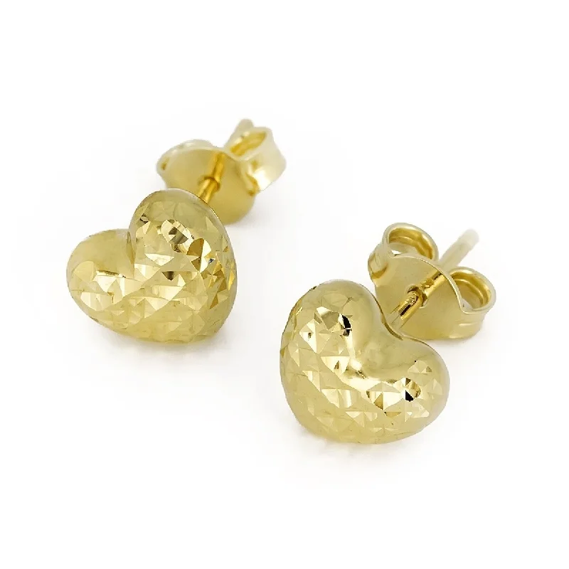 14k Yellow Gold Puffed Heart Earrings with Diamond Cuts