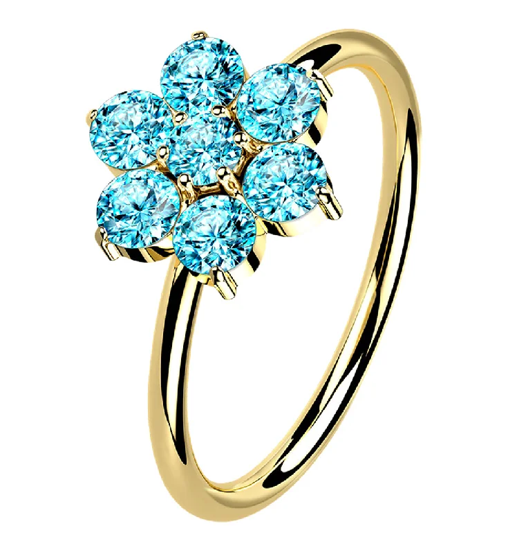 14kt Gold Aqua CZ Gem Flower Hoop Ring