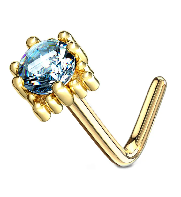 14kt Gold Crate Aqua CZ L Bend Nose Ring