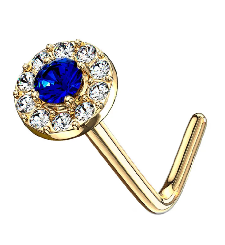 14kt Gold Disk w Blue CZ L Bend Nose Ring