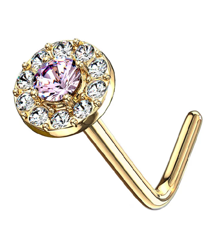 14kt Gold Disk w Pink CZ L Bend Nose Ring