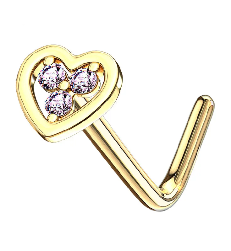 14kt Gold Heart Pink CZ L Bend Nose Ring