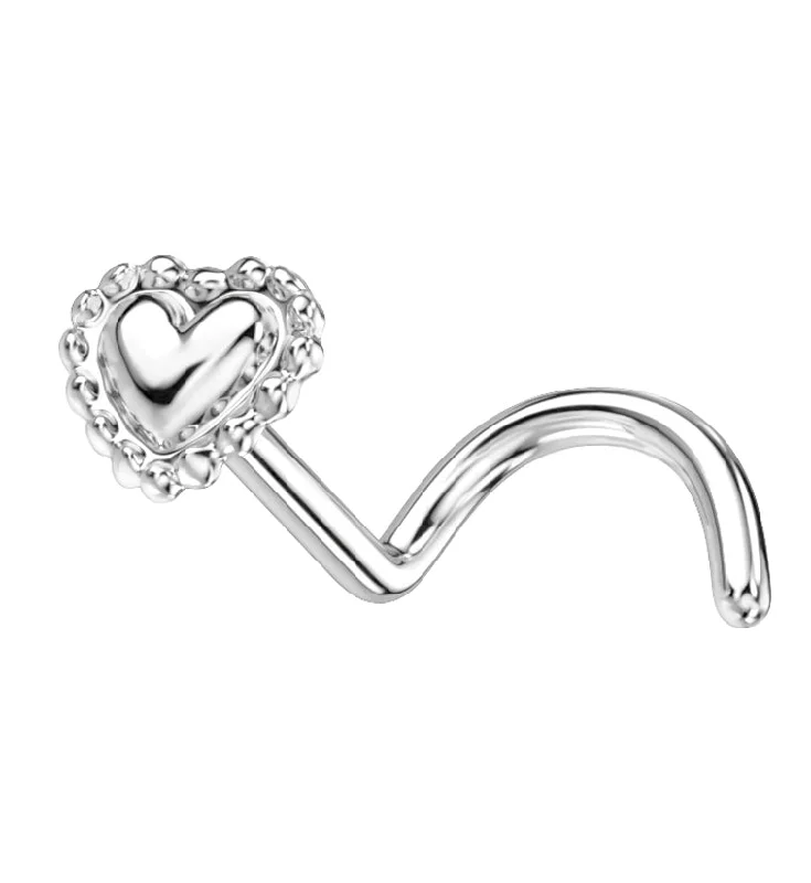 14kt White Gold Banded Heart Nose Screw