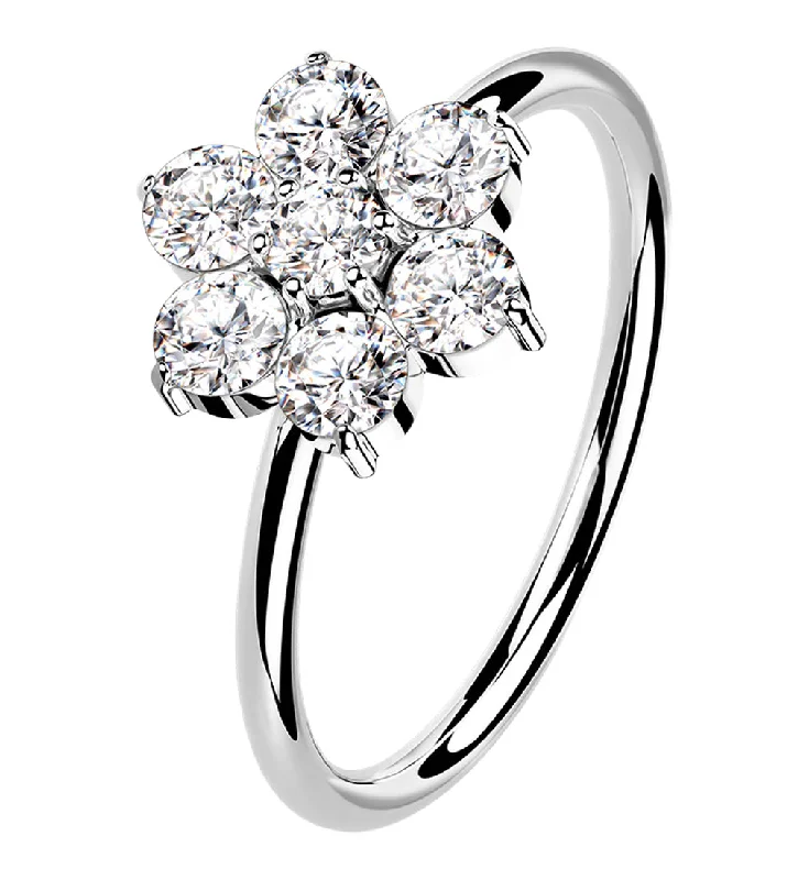 14kt White Gold Clear CZ Gem Flower Hoop Ring