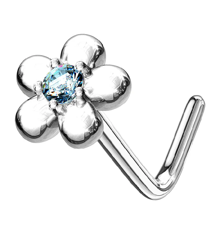 14kt White Gold Daisy Aqua CZ L Bend Nose Ring