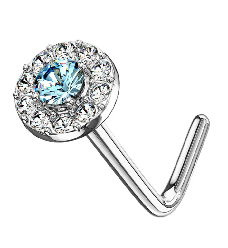 14kt White Gold Disk w Aqua CZ L Bend Nose Ring