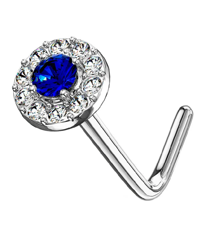 14kt White Gold Disk w Blue CZ L Bend Nose Ring