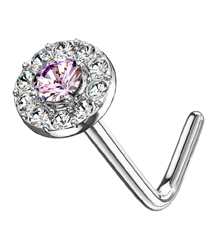 14kt White Gold Disk w Pink CZ L Bend Nose Ring