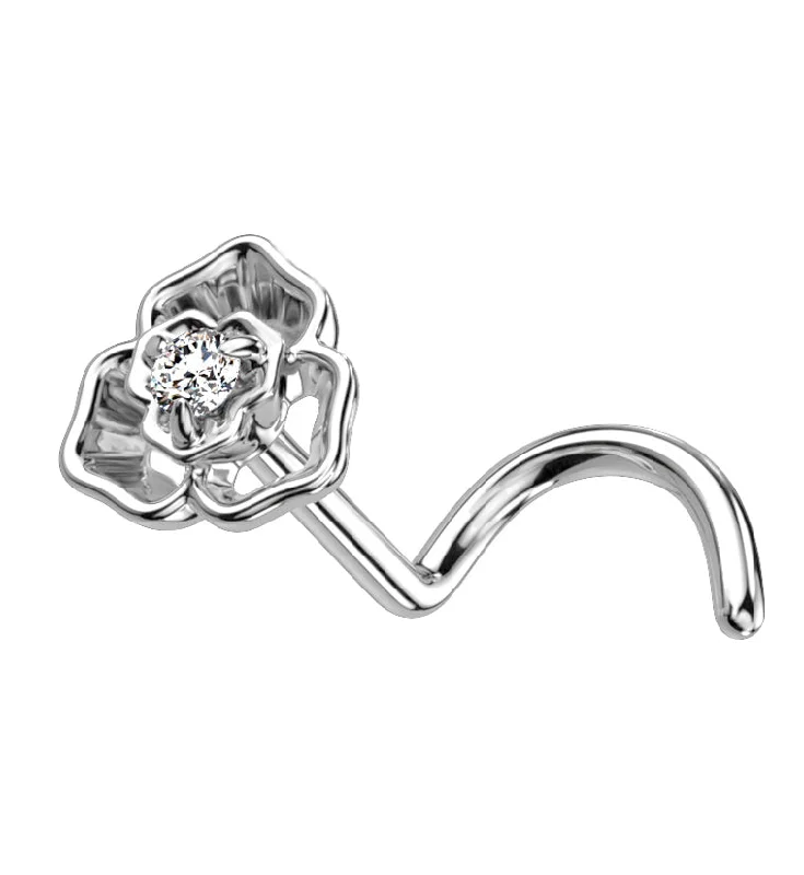 14kt White Gold Tri Petal Clear CZ Nose Screw