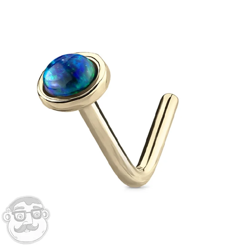 20G 14kt Gold L Bend Green Opal Top Nose Ring