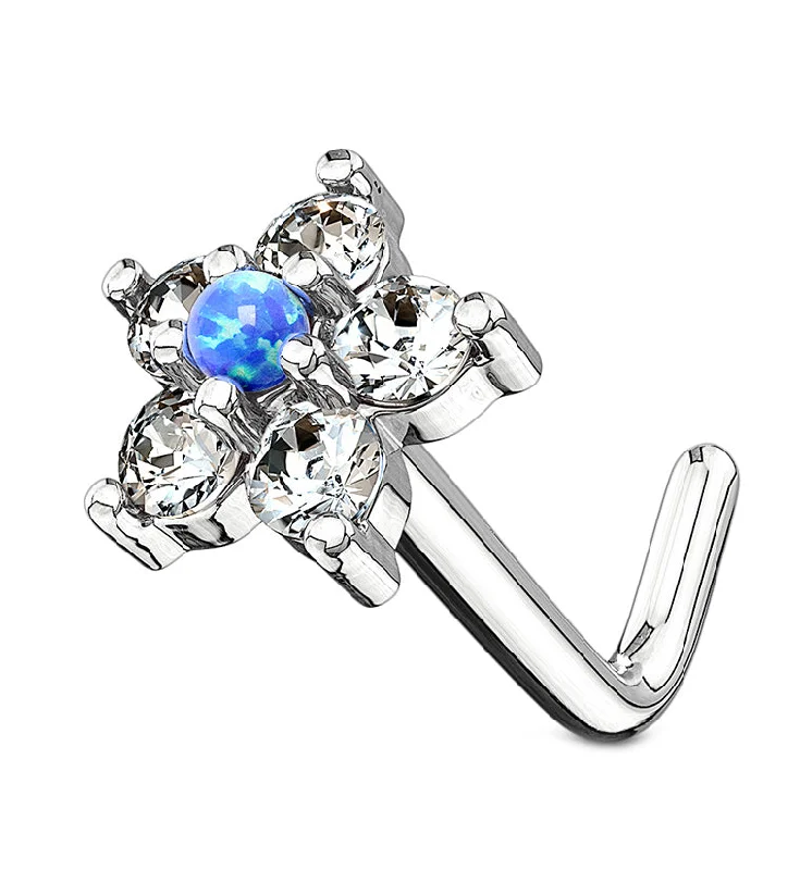 20G 14kt White Gold Blue Opal Flower Pack L Bend Nose Ring