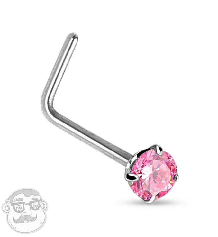 20G 14kt White Gold L Bend Pink CZ Top Nose Ring