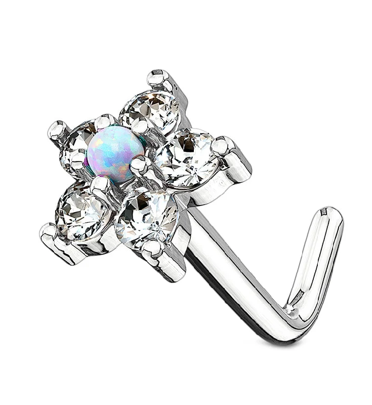 20G 14kt White Gold Opal Flower Pack L Bend Nose Ring