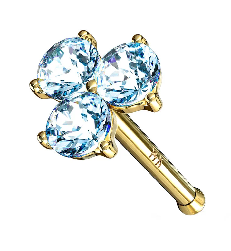 20G Aqua Trinity CZ 14kt Gold Nosebone